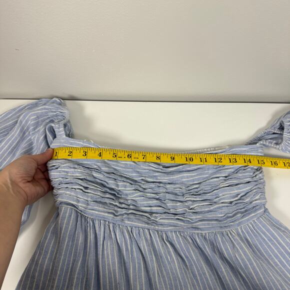 Abercrombie & Fitch Emerson Mini Dress Size Medium Tall Blue Striped Linen Short - Picture 10 of 11